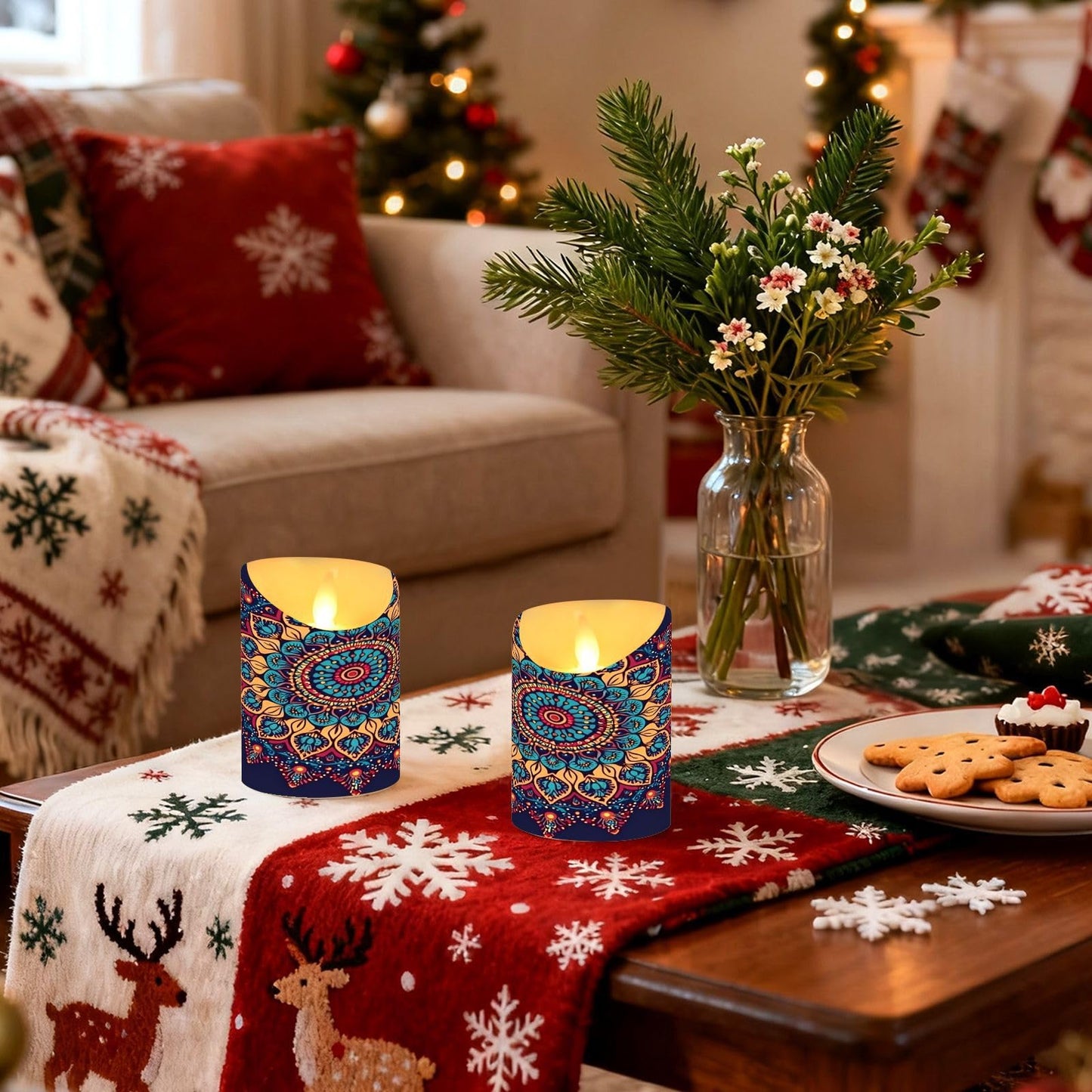Gravopti Mandala Pattern 2 Pack Flameless LED Pillar Candles with Remote & Timer, Battery Operated, Flickering Wax Candle for Wedding, Romantic Home & Party Decor