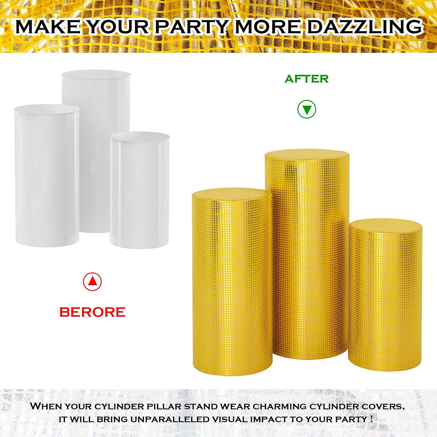 SaitiMade Set of 3 Gold Cylinder Pedestal Stand Covers, 3pcs Spandex Disco Cylinder Stand Covers for Party, Wedding or Birthday Event Decor (Only Contains Cylinder Covers)