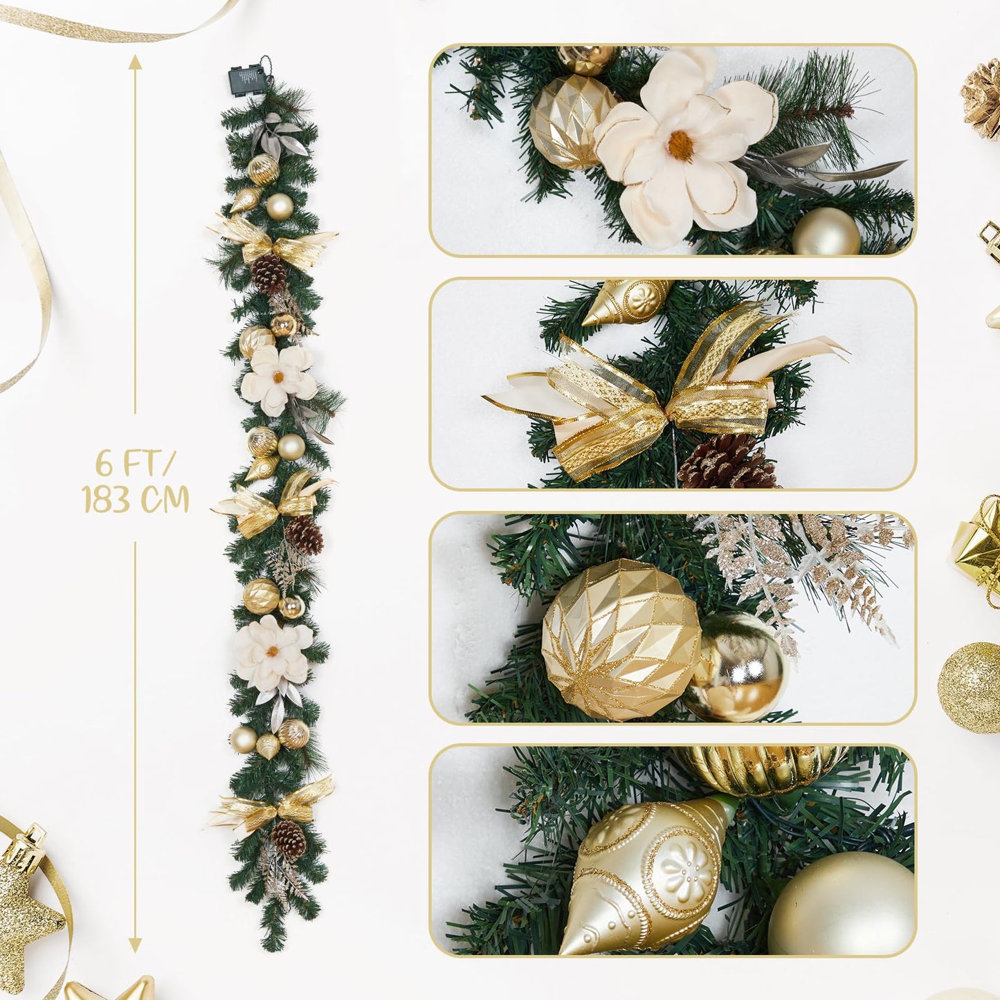 Christmas Garland with Lights, 6ft Prelit Outdoor Christmas Garland with Timer 20 LED Lights Pinecones Rose Gold Ball Ornaments for Mantle Fireplace Stairs Railing Indoor Decorations, Battery Operated