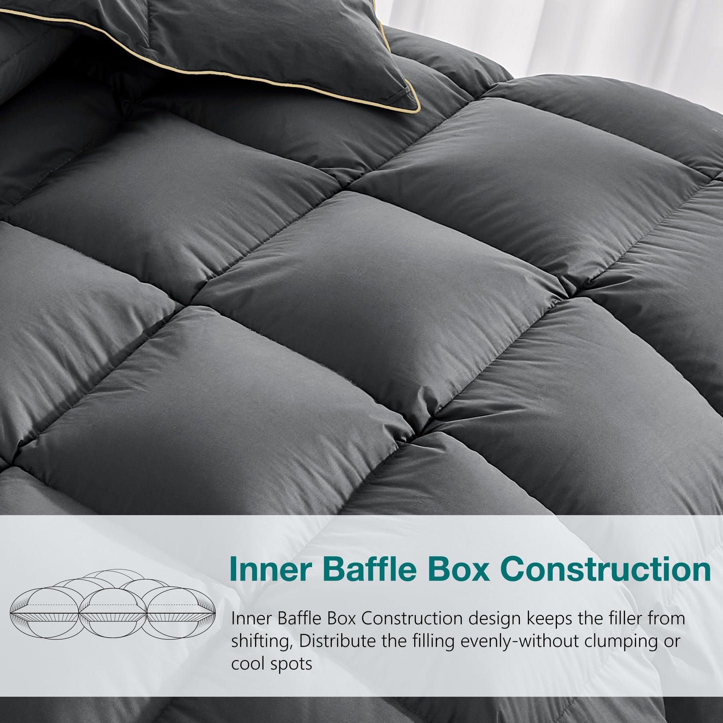KAKABELL Goose Down Feathers Fiber Comforter Queen Size Noiseless Duvet Insert with Premium Egyptian Cotton Blend Cover Medium Warm Soft Down Feathers Comforter 90x90 Inches