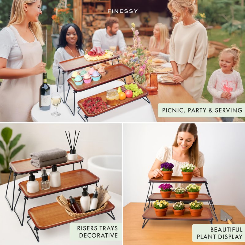FINESSY 3 Tier Serving Tray, Dark Bamboo Tiered Tray Stand, Cake Stand & Cupcake Holder, Buffet Risers Serving Platters, Dessert Table Display Set, Charcuterie Board Set for Party Hosting Essentials
