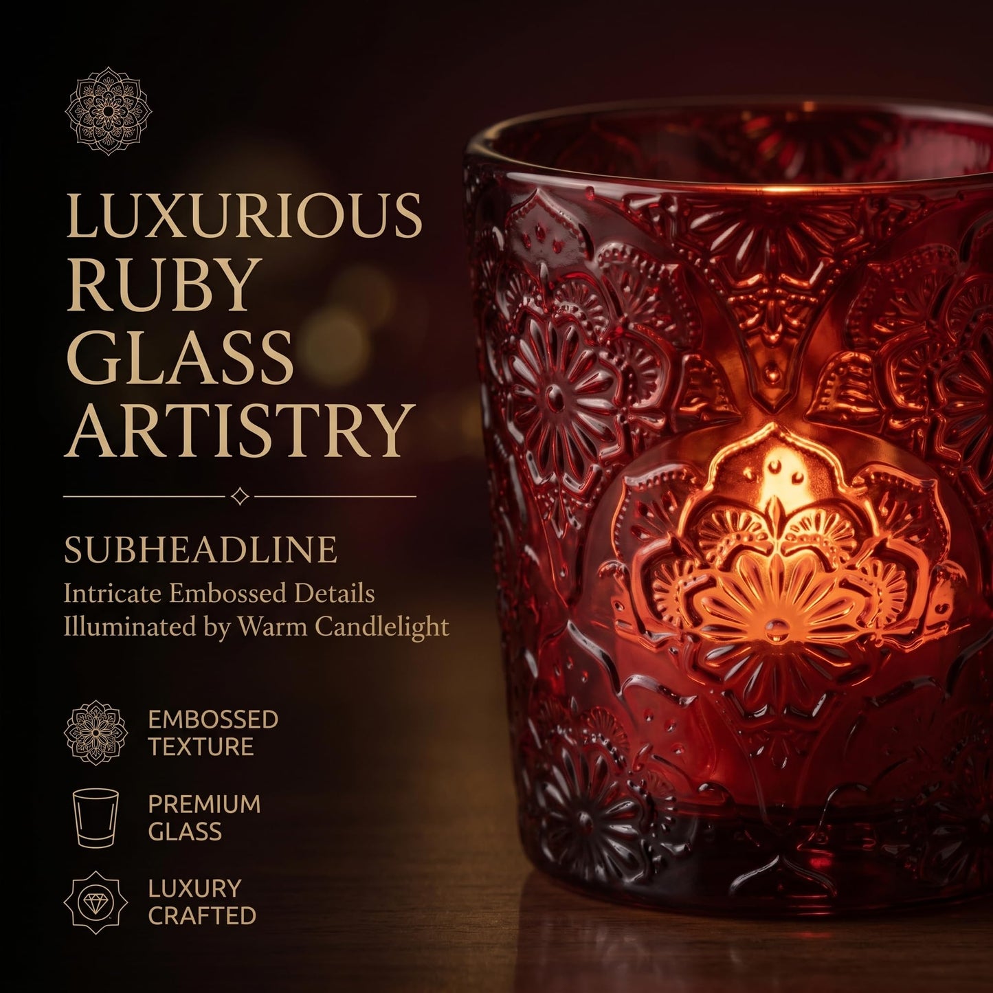 6 Pack Mandala Embossed Glass Candle Holders – Votive Tealight Holders with Patent Design, Decorative Embossed Glass Cups for Wedding Centerpieces, Parties, and Home Décor (Wildberry Red)