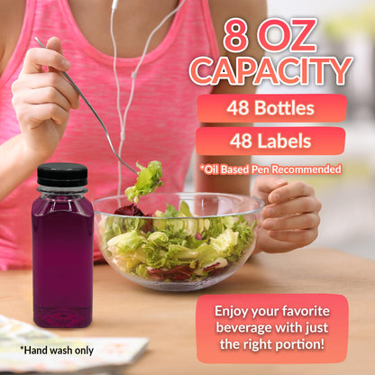 Reli. Plastic Juice Bottles [48 Bulk Pack] [8 oz] Square Plastic Juice Bottles with Caps & Sticker Labels | Clear, Empty for Juicing 8oz | Disposable, Reusable Containers for Juicing, Smoothies