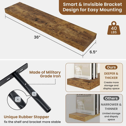 fuqing Floating Shelves for Wall, Wall Mounted Wood Floating Shelf with Invisible Brackets for Living Room, Bathroom, Bedroom, Kitchen Storage and Decor, 36 Inch Set of 2, Rustic Brown