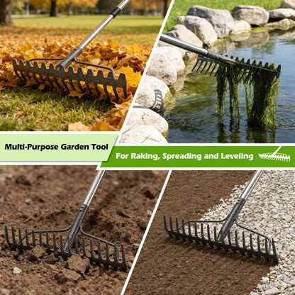 63" Bow Rake,Heavy Duty Metal Garden Rake for Moving Gravel Loosening Soil Leveling Ground Gathering Leaf Debris Spreading Mulch, 17 Tines,Adjustable Handle, for Lawn Garden Farm Landscape Work