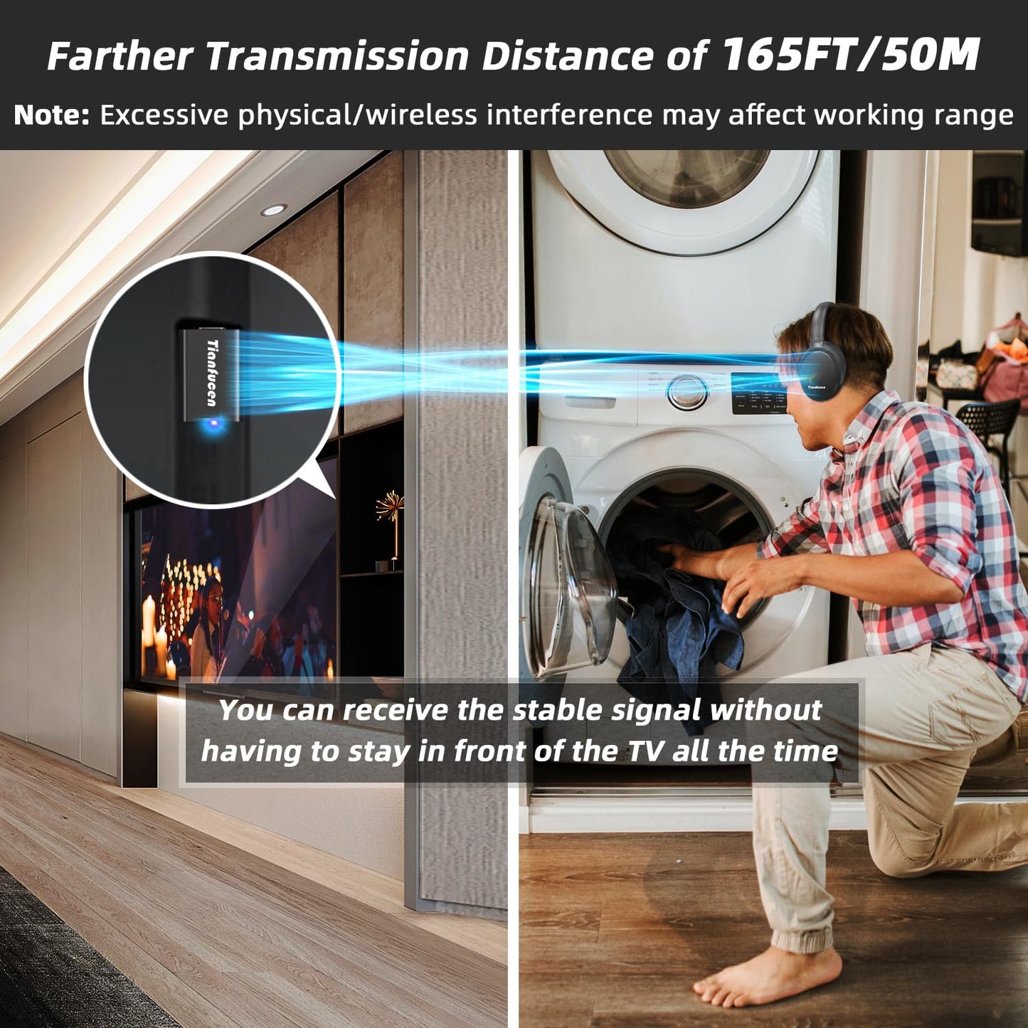 Tianfucen Wireless Headphones for TV Watching, BKM400 Bluetooth TV Headphones Wireless for Seniors with USB Transmitter, 20hrs Playtime, No Audio Delay, Higher Volume, 165FT Range, Black