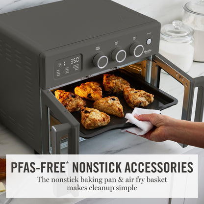 Martha Stewart French Door Air Fryer Toaster Oven Combo, 34QT Countertop Convection, 12-in-1, Bake, Broil, Roast, Fits 12” Pizza, Dehydrate, 5 Accessories, Air Fry Basket, Stainless Steel, Caviar Gray