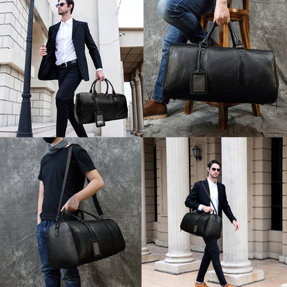 LUUFAN Leather Travel Bag Large Capacity Luggage Duffel Bag with Shoe Compartment, Men Women Weekend Shoulder Handbag for Holiday Business Trip (55cm-Black)