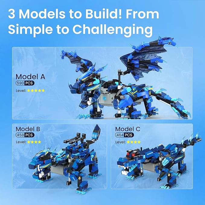 OASO Dragon Building Kit with Remote Control STEM Gifts for Boys Kids Ages 8-12 Coding Buildable Technic Toys for Birthday Buildable 3in1 Models with 590 Pieces