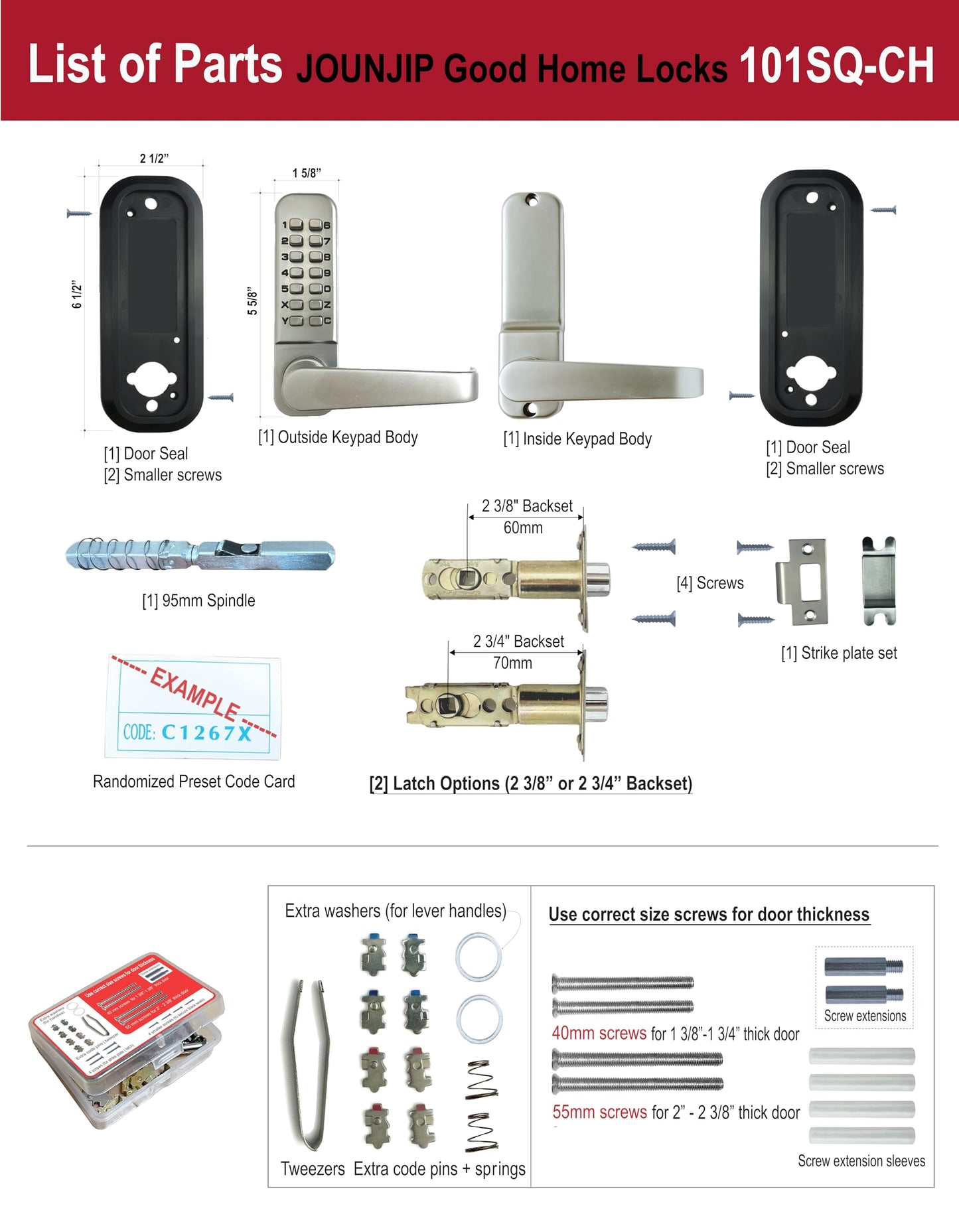 JOUNJIP Single-Sided Mechanical Keyless Combination Lever Handle Door Lock - [Square Spindle] Easier Install - Satin Chrome - 2024 Upgrade Version