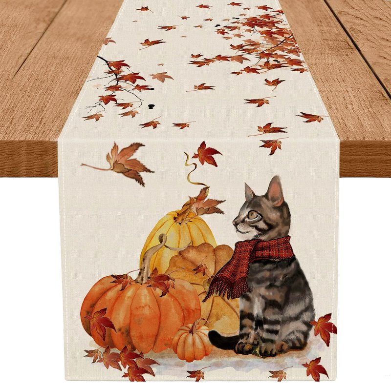 Fall Table Runner Pumpkins Cat Maple Leaf Autumn Harvest Seasonal Thanksgiving Decorations for Home Kitchen Dining Room Party Decor 13 x 90 Inch