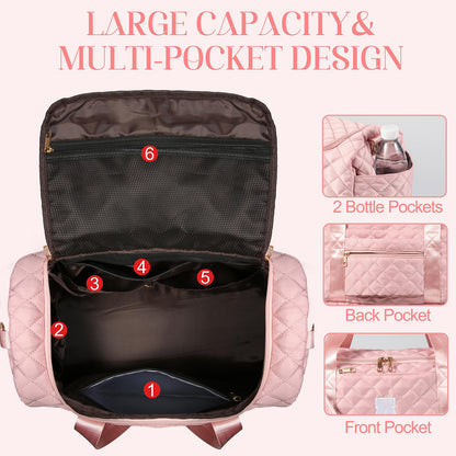 Personalized Initial Travel Bag, Quilted Duffle Bag, Weekender Bag for Women with Cosmetic Bag, Gym Bag with Shoe Compartment, Carry on Overnight Bag, Hospital Bag for Labor Delivery (Pink, A)