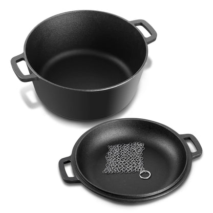 2 in 1 Enameled Cast Iron Dutch Oven, HaSteeL 5 QT Pot & 2 Quart Skillet Lid Pan, Non-Stick Cookware Multi Cooker for Bread Baking Cooking Stewing, Suit for All Cooktops, Dual Handles & Oven Safe,