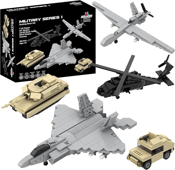 Apostrophe Games 5 Military Building Block Sets (659 Pieces) F-22 Raptor M1 Abrams Tank Black Hawk Helicopter Reaper UAV and Humvee Army Truck Scale Models for Kids and Adults