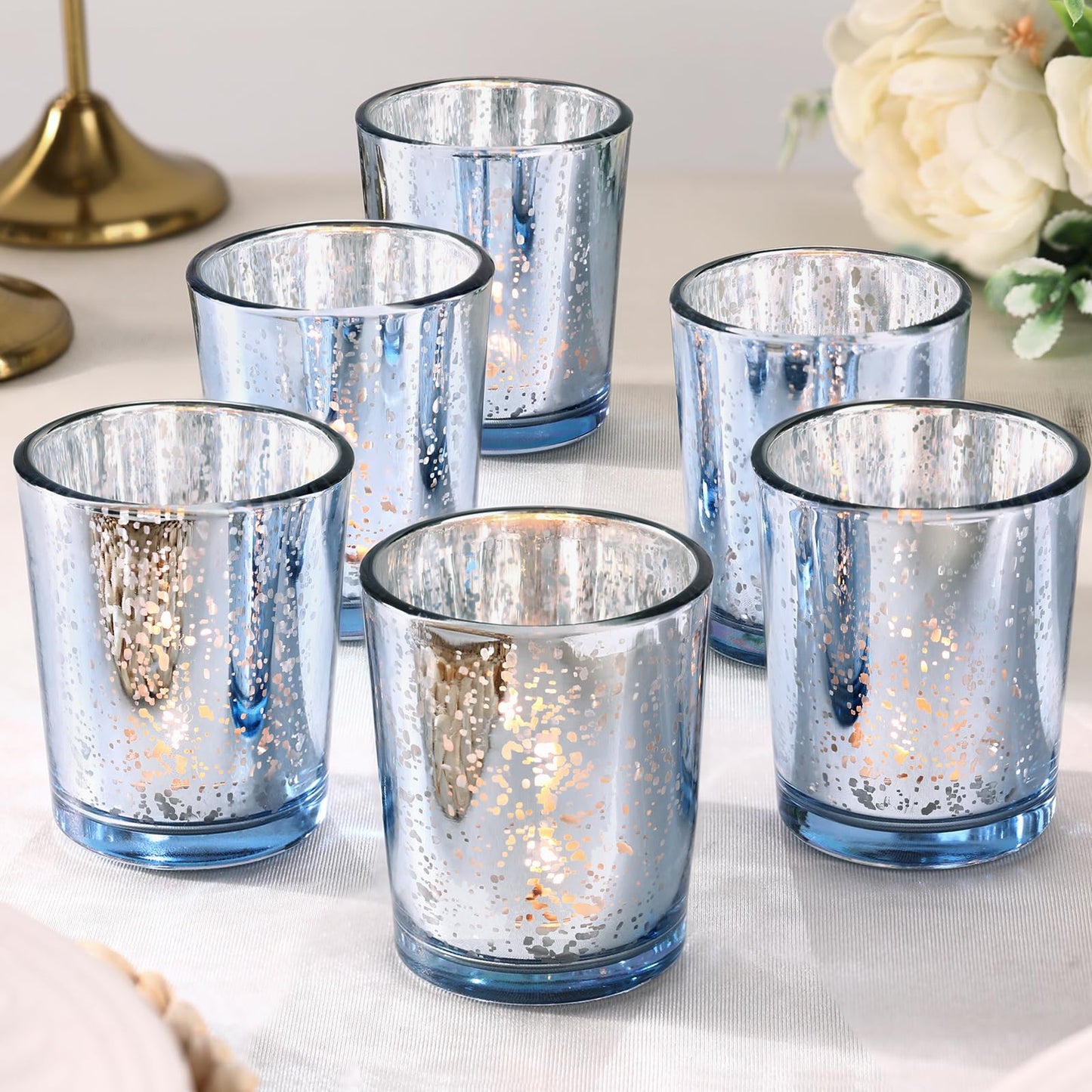 LETINE 6pcs Blue Votive Candle Holders – Standard Votive Size for Regular Votive Candles– Tea Light Candles Holder, Candle Holder for Summer Weddings, Waterfront Venues, Home Decor
