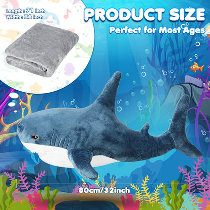 HyDren Shark Stuffed 2 in 1 Plush Toys Animal Shark with Blanket 32 Inch Giant Big Large Stuffed Pillow Blanket Soft Doll for Baby Toddlers Kids Boys Girls Women Home Room Decor Gifts(Dark Blue)