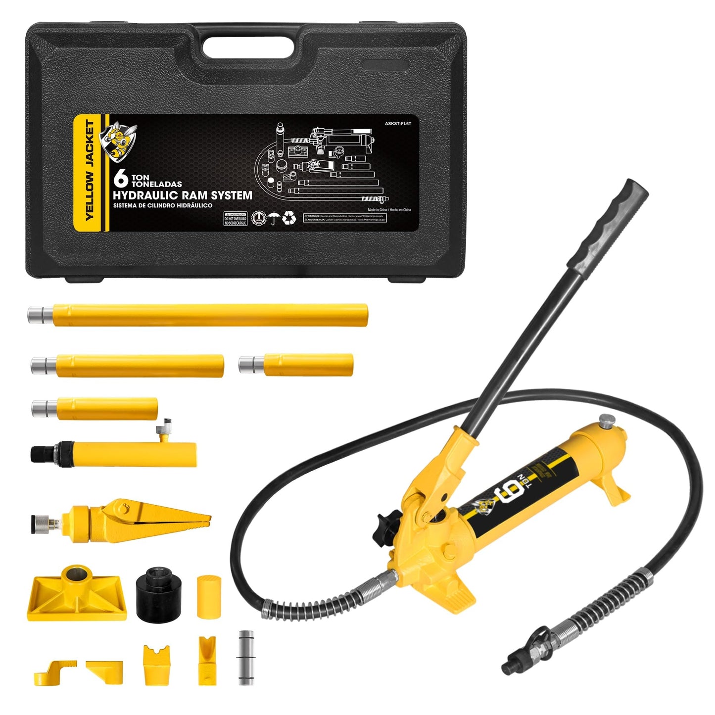 YELLOW JACKET 6 ton Porta Power Kit Hydraulic Ram Jack Pusher Puller Auto Body Frame Repair Tool with Blow Mold Carrying Storage Case for Car Repair,Truck,Farm