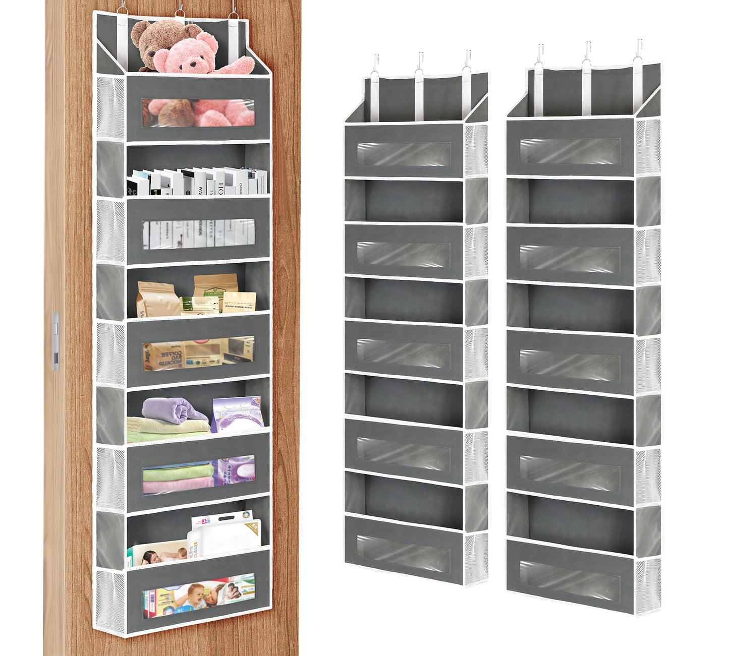 2 Packs 5-Tier Over The Door Organizer with 10 Side Mesh Pockets, 48 lbs Load Capacity, 3 Hooks Design, Hanging Organizer with Clear Windows for Bathroom, Bedroom, Nursery, Kitchen-Grey