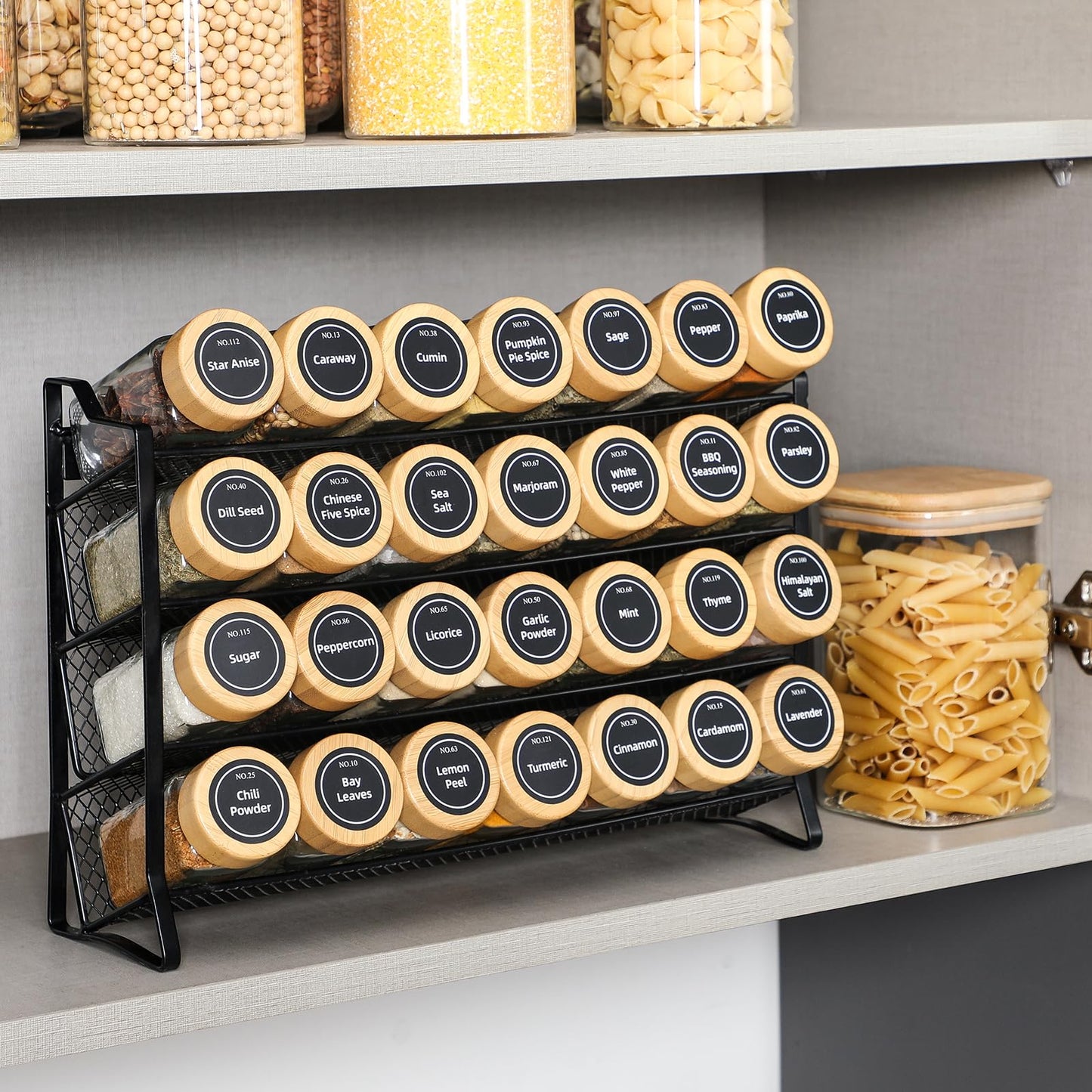 AOZITA Spice Rack Organizer for Cabinet, Spice Organizer with 28 Empty Spice Jars with Black Lids, Funnel, Spice Labels, Seasoning Organizer for Countertop, Cabinet, Kitchen, Pantry, Cupboard