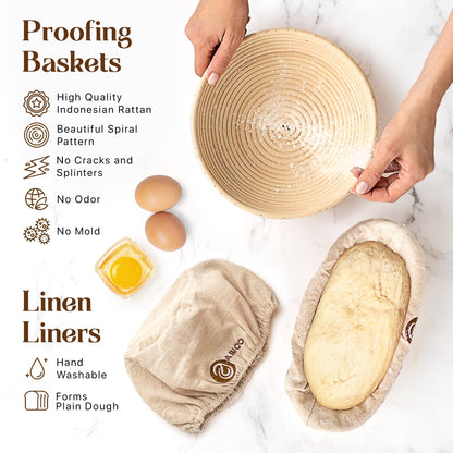 Banneton Bread Proofing Basket Set with Sourdough Bread Baking Supplies, A Complete Sourdough Starter Kit with Bread Lame, Danish Whish, Bowl & Dough Scraper, 2 Bread Slings, and Baking Mat