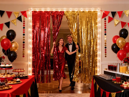 3 Packs Red Gold Foil Fringe Curtains Extra Wide 9.9ft for Birthday Party Tinsel Backdrop Movie Night Decor Farewell Party Streamer,Retirement Decorations, Backdrop for Graduations Each 3.3 x 6.5 ft