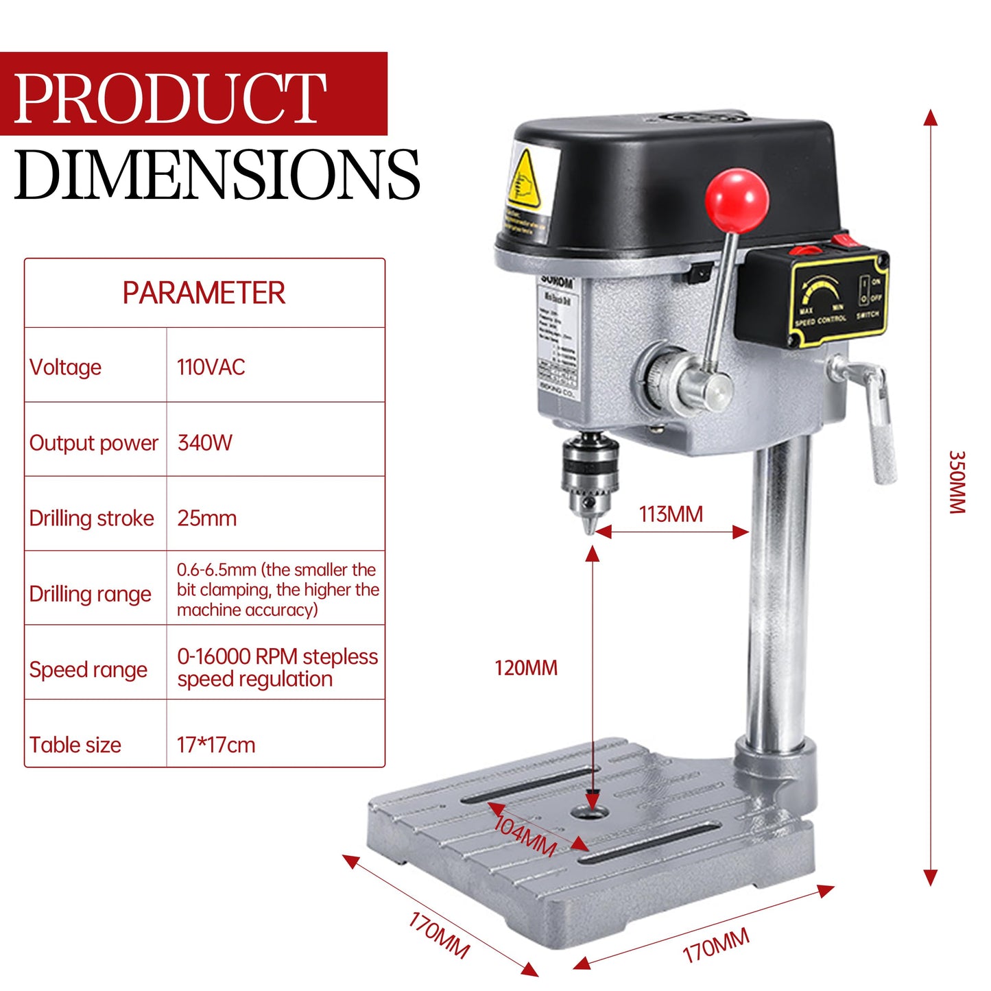 RATTMMOTOR Benchtop Drilling Machine 340W 110V 16000RPM Mini Bench Drill Press 25mm Stroke Drill Chuck 0.6-6.5mm Multi-Function Drilling Milling Machine