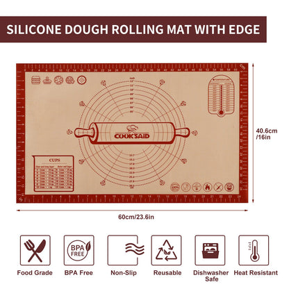 Cook's Aid Silicone Pastry Mat Extra Large with Measurements 26''x16'' for Reusable,Non-slip Silicone Baking Mat, Counter, Dough Rolling, Oven Liner,Fondant/Pie Crust, Red