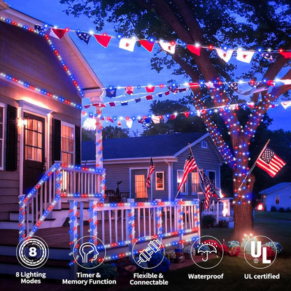 Skiennix 100ft LED Rope Lights - Waterproof, Connectable & Flexible Tube Lights | 8 Modes, Red, White & Blue