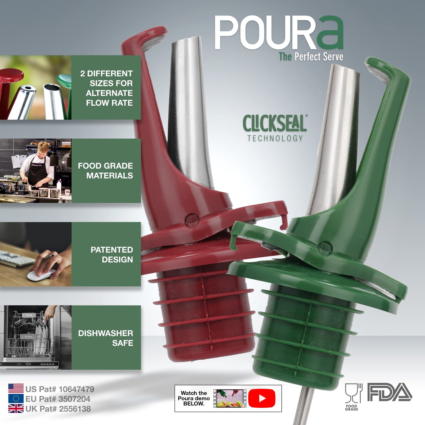 Poura Oil and Vinegar Dispenser Spouts | Airtight ClickSeal BPA Free Bottle Pourers Keeps Oil Fresh with Built-in Caps | Use Your Own Bottles as Vinegar Dispensers | Dishwasher Safe