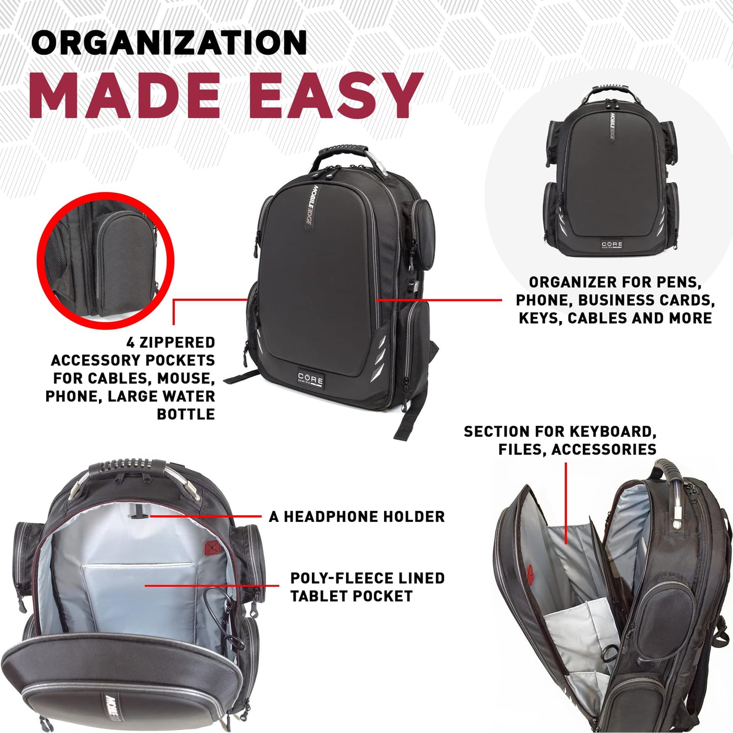 Mobile Edge CORE Gaming Laptop Backpack for 17-18 Inch Laptops with USB Charging Port and Cable, TSA-Friendly, MECGBPV1