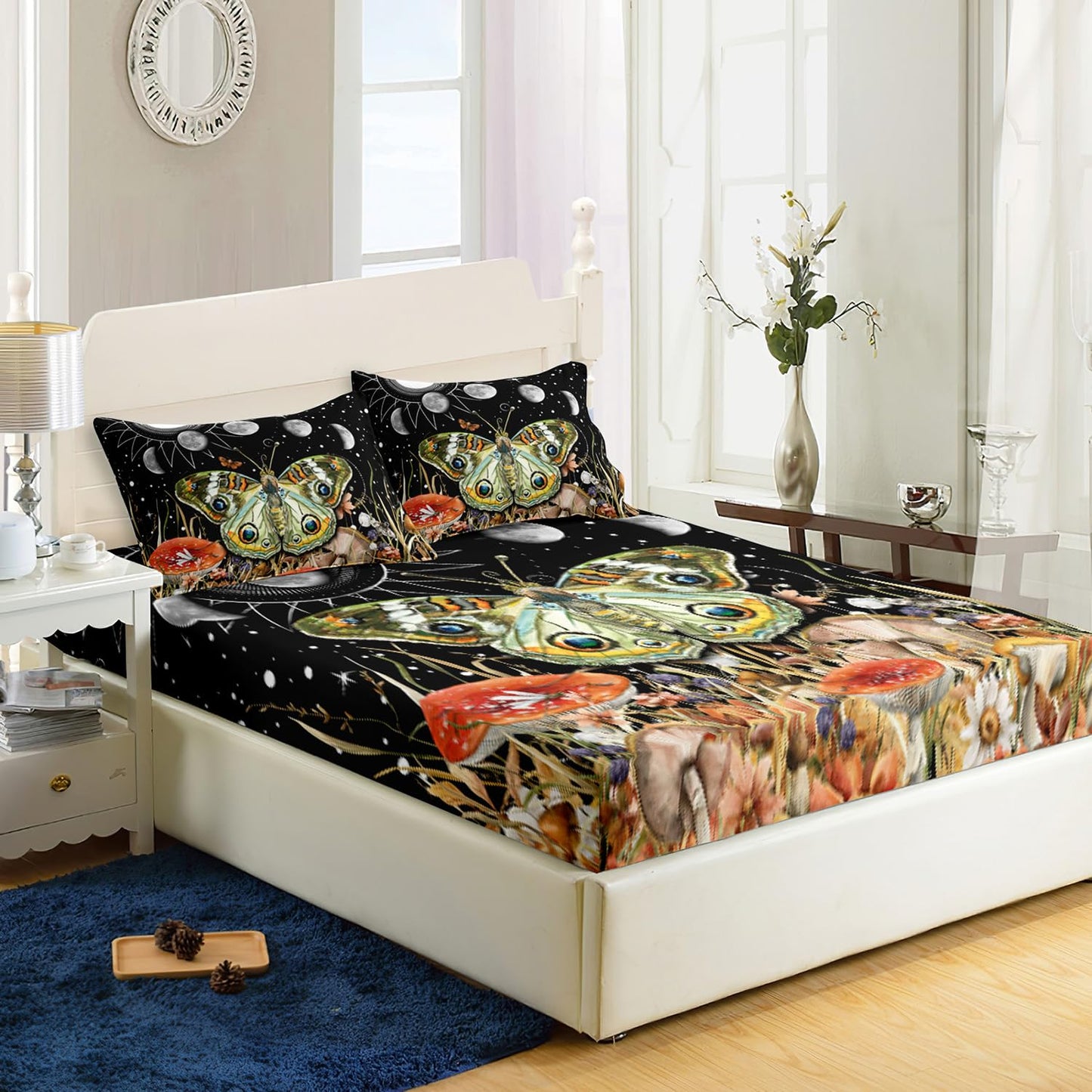 AILONEN Moth Fitted Sheet Set Twin Size,Sun and Moon Bedding Set for Kids Girls Boys,Boho Natural Mushroom Plants Bed Sheet Set,Starry Night Bedsheets Set,3 Pieces, 1 Fitted Sheet + 2 Pillowcases