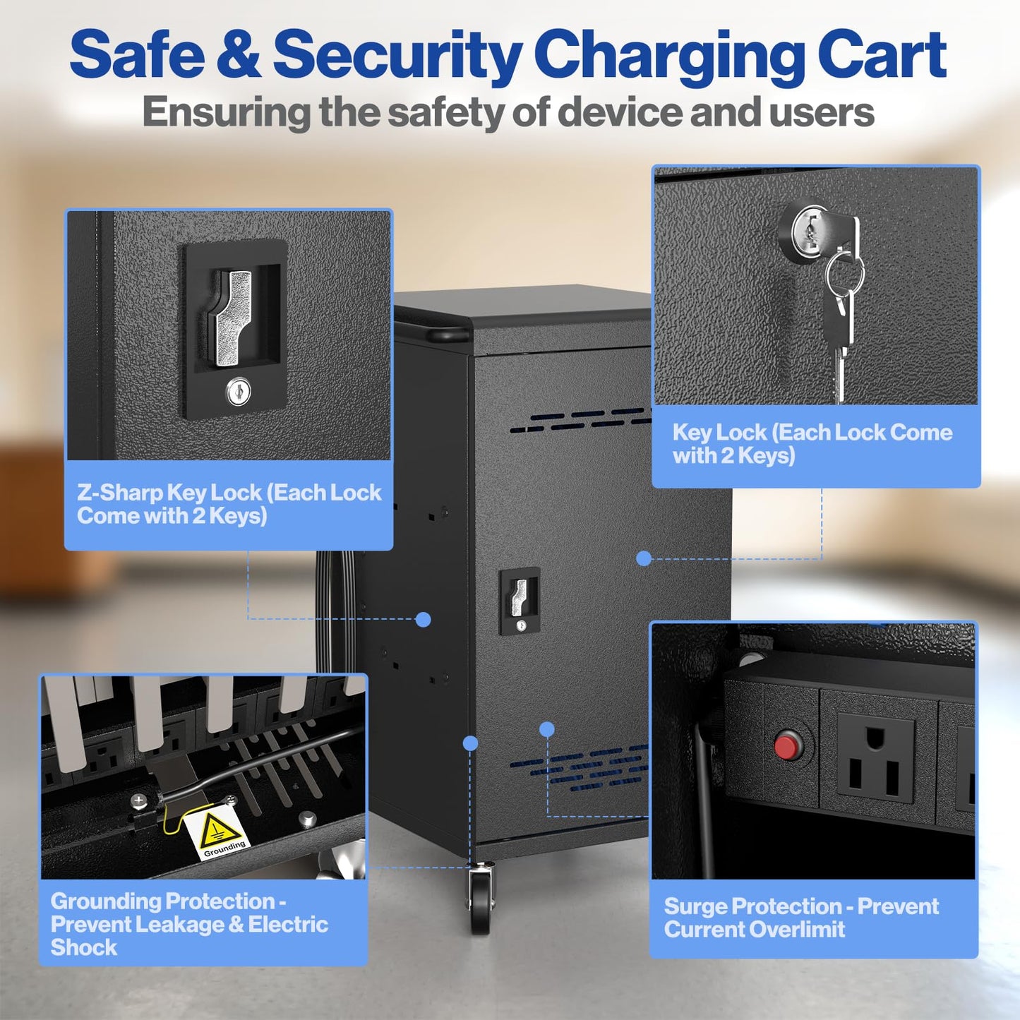30 Unit Device Charging Station for Chromebook, iPad, 14'' Laptop - Charging Cart with Charger Cable Management, Circuit Breaker, Grounding Protection, Assembly Required
