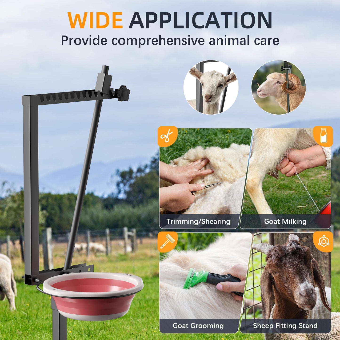 SKONYON Goat Milking Stand With Feeder: Heavy Duty 600lbs Goat Stand | 47x23 Inch Livestock Table With Adjustable Headpiece & Legs | Hoof Trimmers Shearing For Goats & Sheep | Sheep Stand Black