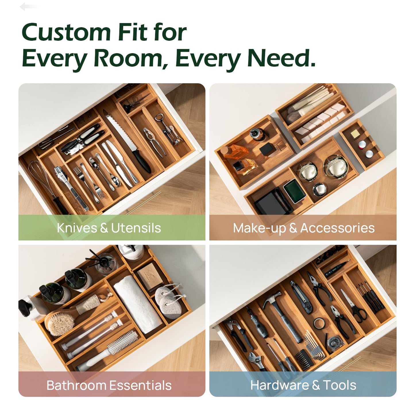 Carbonized Bamboo Kitchen Drawer Organizer, 8 Slots Silverware Organizer, Utensil Holder & Cutlery Tray, 2.2" Deep for Extra Capacity, Non-Slip Feet Included
