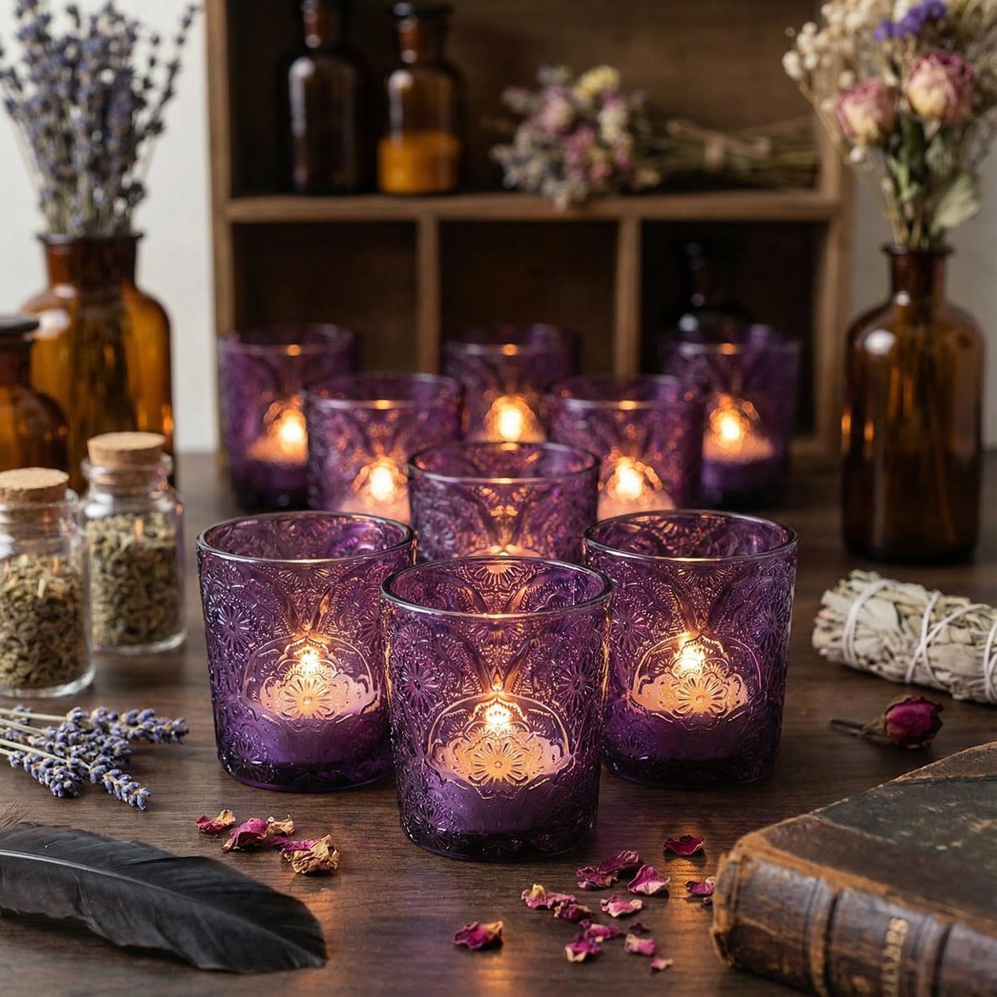12 Pack Mandala Embossed Glass Candle Holders – Votive Tealight Holders with Patent Design, Decorative Embossed Glass Cups for Wedding Centerpieces, Parties, and Home Décor (Crystal Clear)