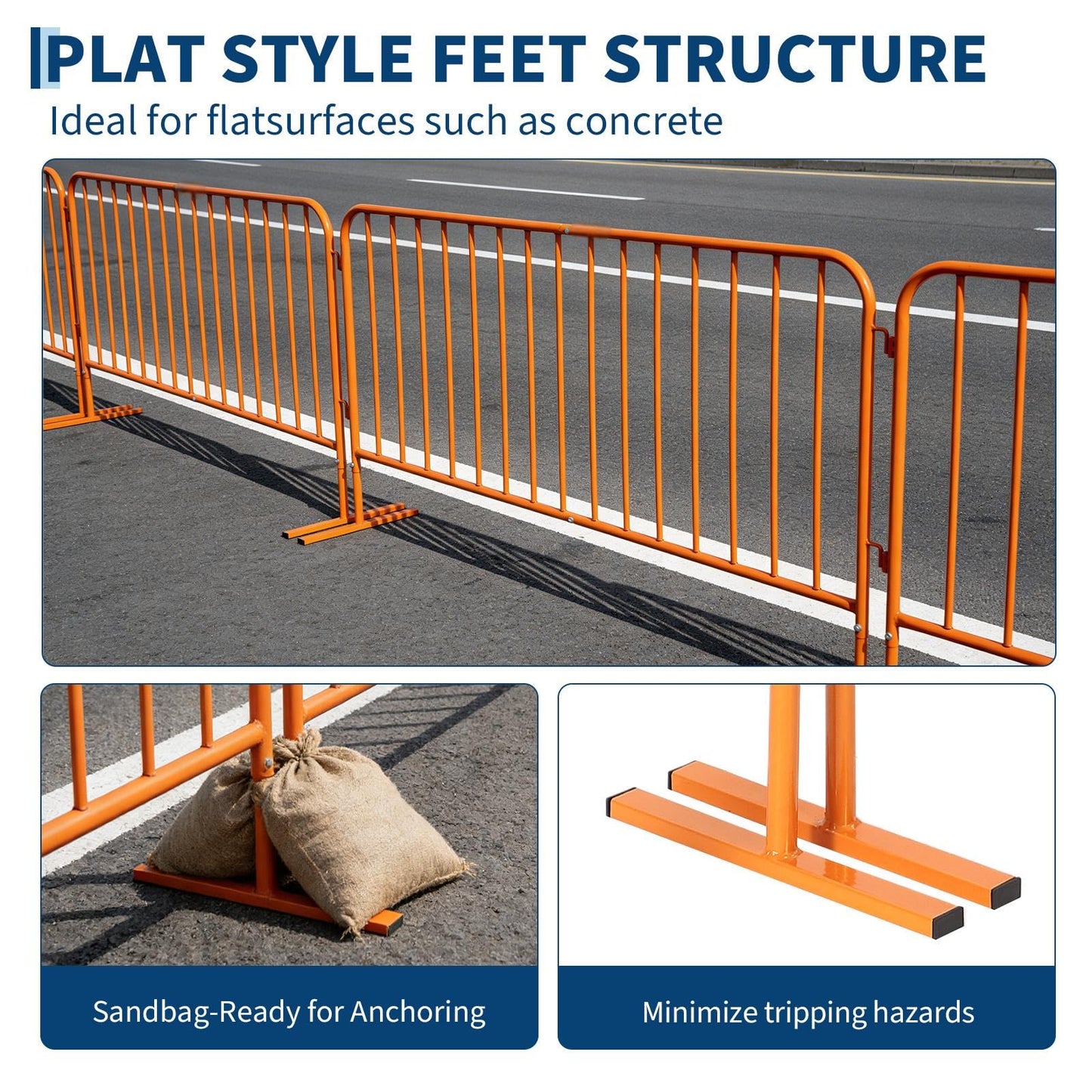 Heavy Duty Interlinked Steel Safety Barricade – Removable Flat Feet, Portable, Weather Resistant, Durable Metal Crowd Control Barrier for Outdoor Events, Construction, Parking, Facility, 8.5FT