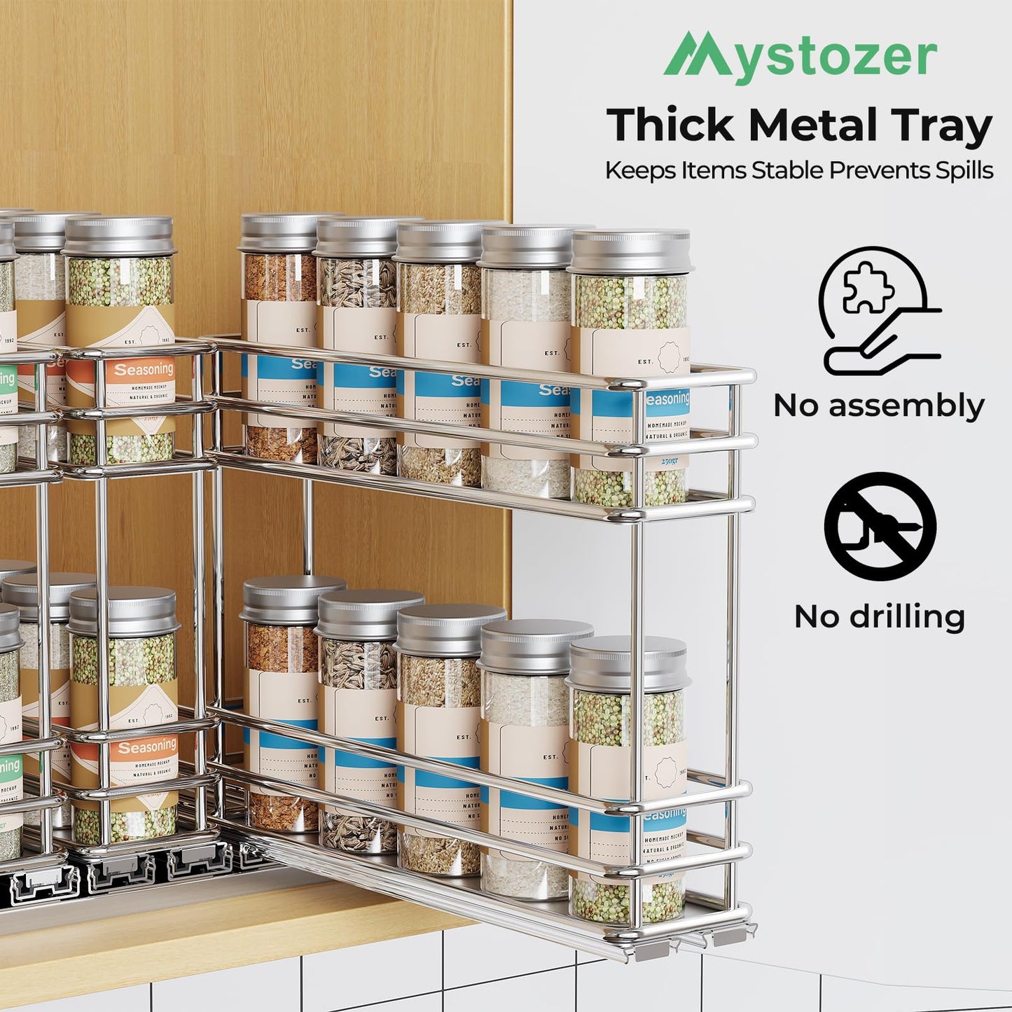 Pull Out Spice Rack Organizer for Cabinet, Slide Out Spice Racks, Easy to Install, 2.1''Wx10.35''Dx8.26''H, 3 Drawers 2 Tiers(Black)