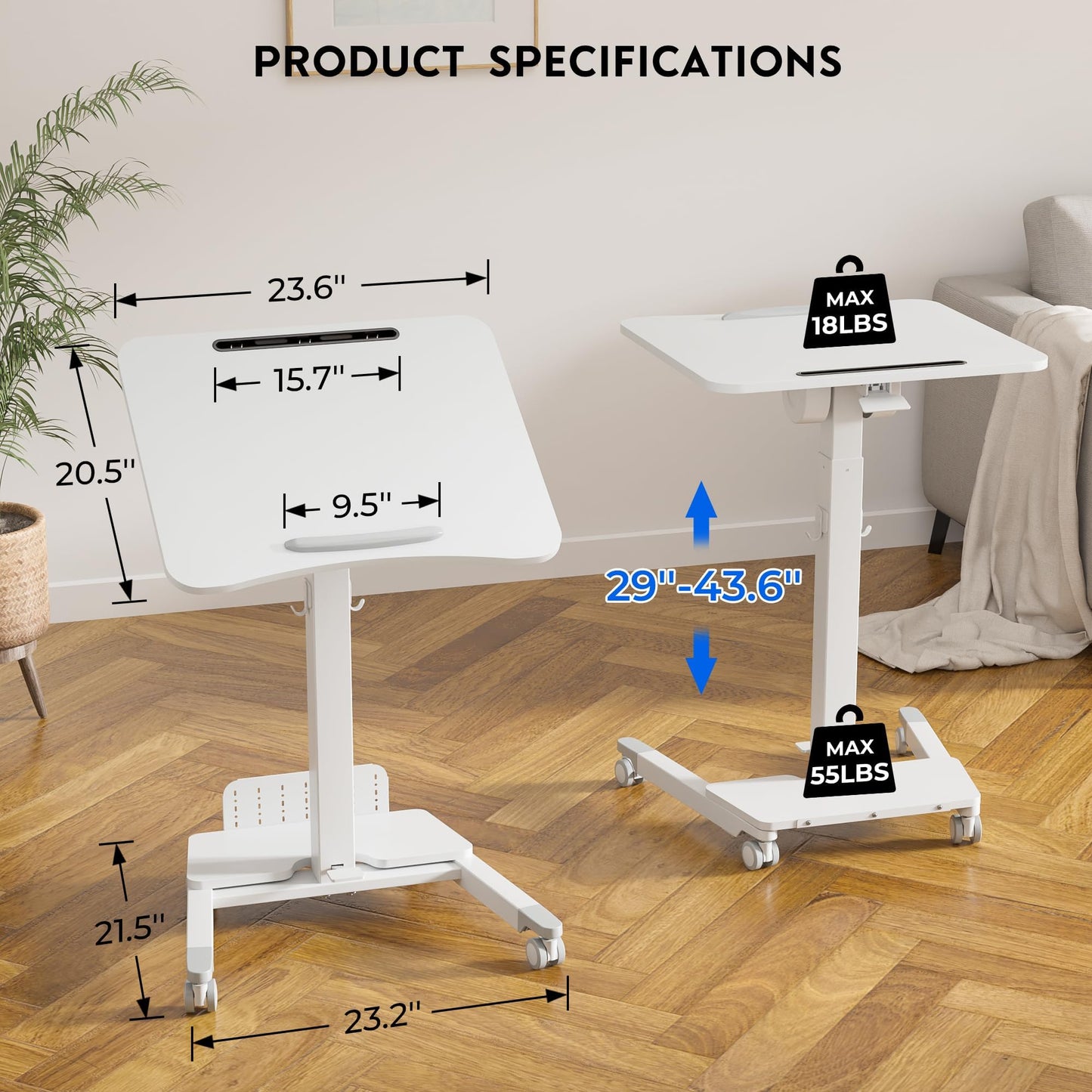 BONTEC Mobile Standing Desk Adjustable Height, Rolling Laptop Cart with Storage Shelf, Hooks, Portable Workstation with Pneumatic Lift, Ergonomic Compact Home Office Desk, White 23.6" x 20.5"