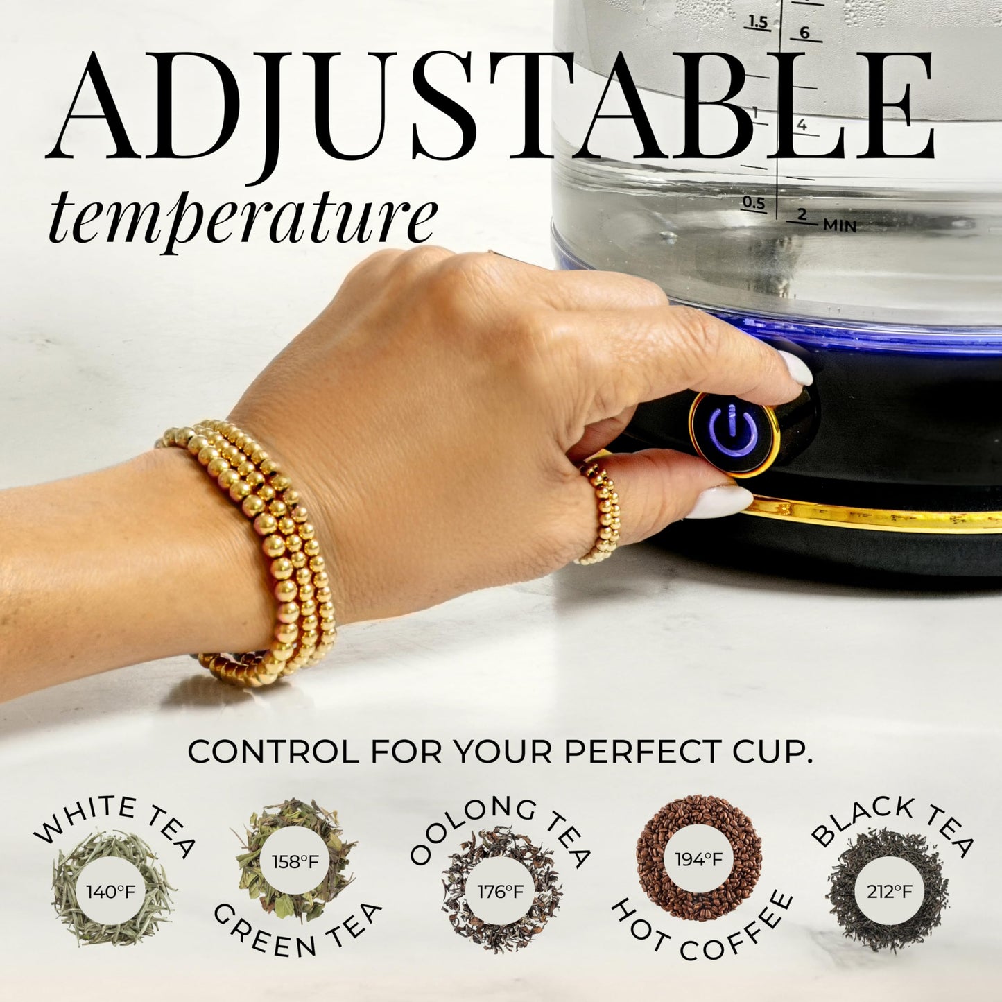 Glass Electric Kettle No Plastic, Stainless Steel, Auto Shut Off and Keep Warm Function - Black and Gold Tea Kettle with Temperature Control – 1500W Fast Hot Water Boiler for Coffee and Tea