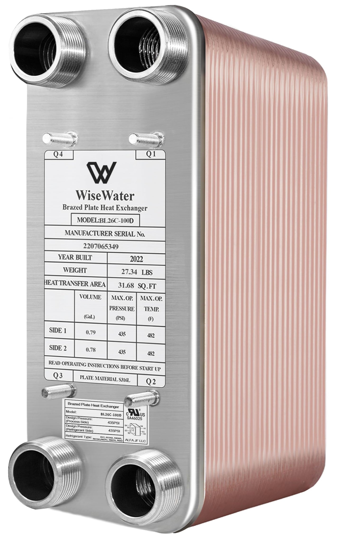 AB Plate Heat Exchanger, 5"x 12" 100 Plates Water To Water Heat Exchanger, Copper/SS316L Stainless Steel Brazed Plate Heat Exchanger For Floor Heating, Water Heating, Snow Melting