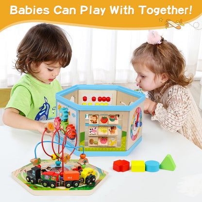 Wooden Activity Cube 9-in-1 Montessori Toys for 1+ Year Old Boys Girls Educational Learning Toys for Toddlers Age 1-2 One Year Old First Birthday Gift Bead Maze Magnetic Trains Track Shape Sorter