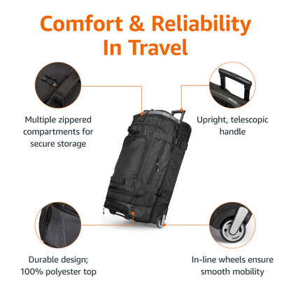 Amazon Basics 35-inch Large Rolling Duffel Bag with Wheels and Handle, Travel Duffle with Durable Ripstop Polyester Material, 2 Layers of Storage Space, Multiple Interior and Exterior Pockets, Black