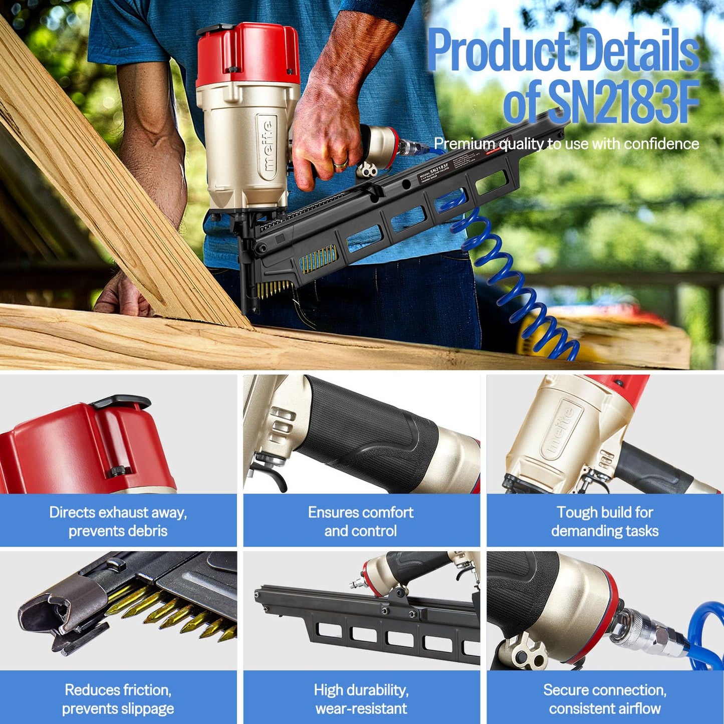 meite SN2183F 21 Degree Framing Nailer Pneumatic Nail Gun, Accepts 20-22° 2" to 3-1/4" Plastic Collated Framing Nails, Air-Powered Framing Nail Gun Tools for Wall Studs Pallet Sheathing Roof Decking