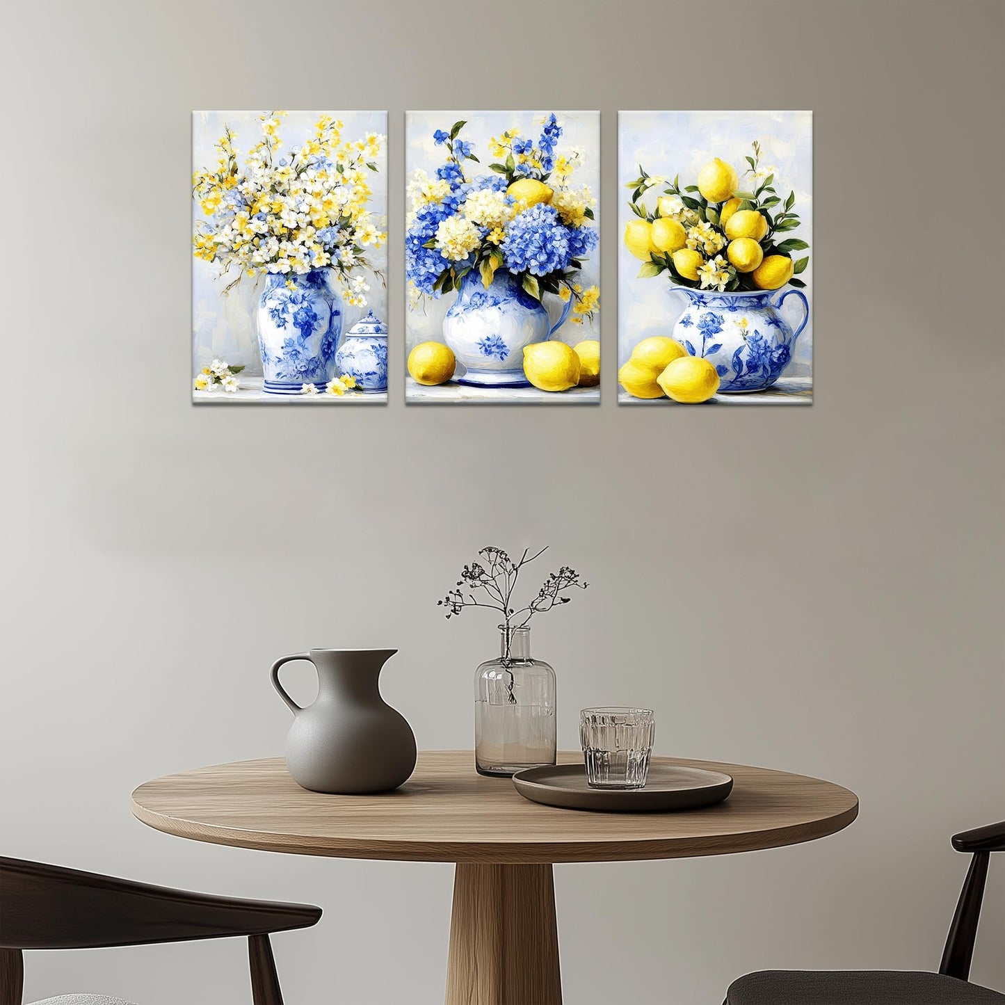 Hzddty Lemon Canvas Wall Art Set for 3, Rustic Blue and Yellow Still Life Paintings, Flower Wall Decor for Kitchen Bathroom Living Room, Framed Canvas Prints Home Decor 18L x 12W x 3
