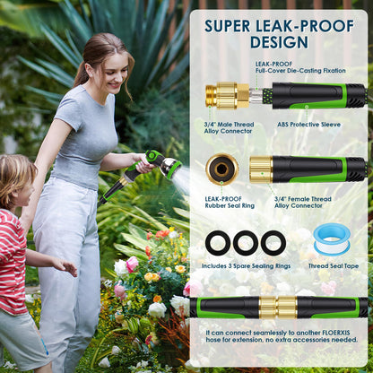 FLOERXIS Non-Expandable Garden Hose 100 FT, Lightweight Hose with 10 Function Spray Nozzle, Kink-Free Flexible Water Hose, Durable, Leak-Proof, 360° Swivel Connectors, Portable Storage Strap