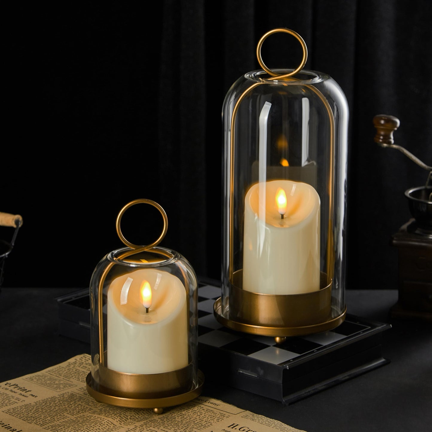 Ganwu 5"&4" Metal Candle Holder with Handmade Glass Dome in Brass & 2 Timer Candles, Set of 2 Versatile Hurricane Glass Candle Holders for Pillar Candles & Plants