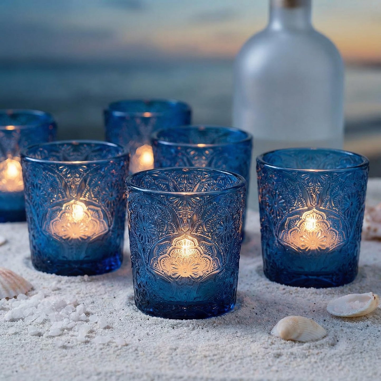 12 Pack Mandala Embossed Glass Candle Holders – Votive Tealight Holders with Patent Design, Decorative Embossed Glass Cups for Wedding Centerpieces, Parties, and Home Décor (Ocean Blue)
