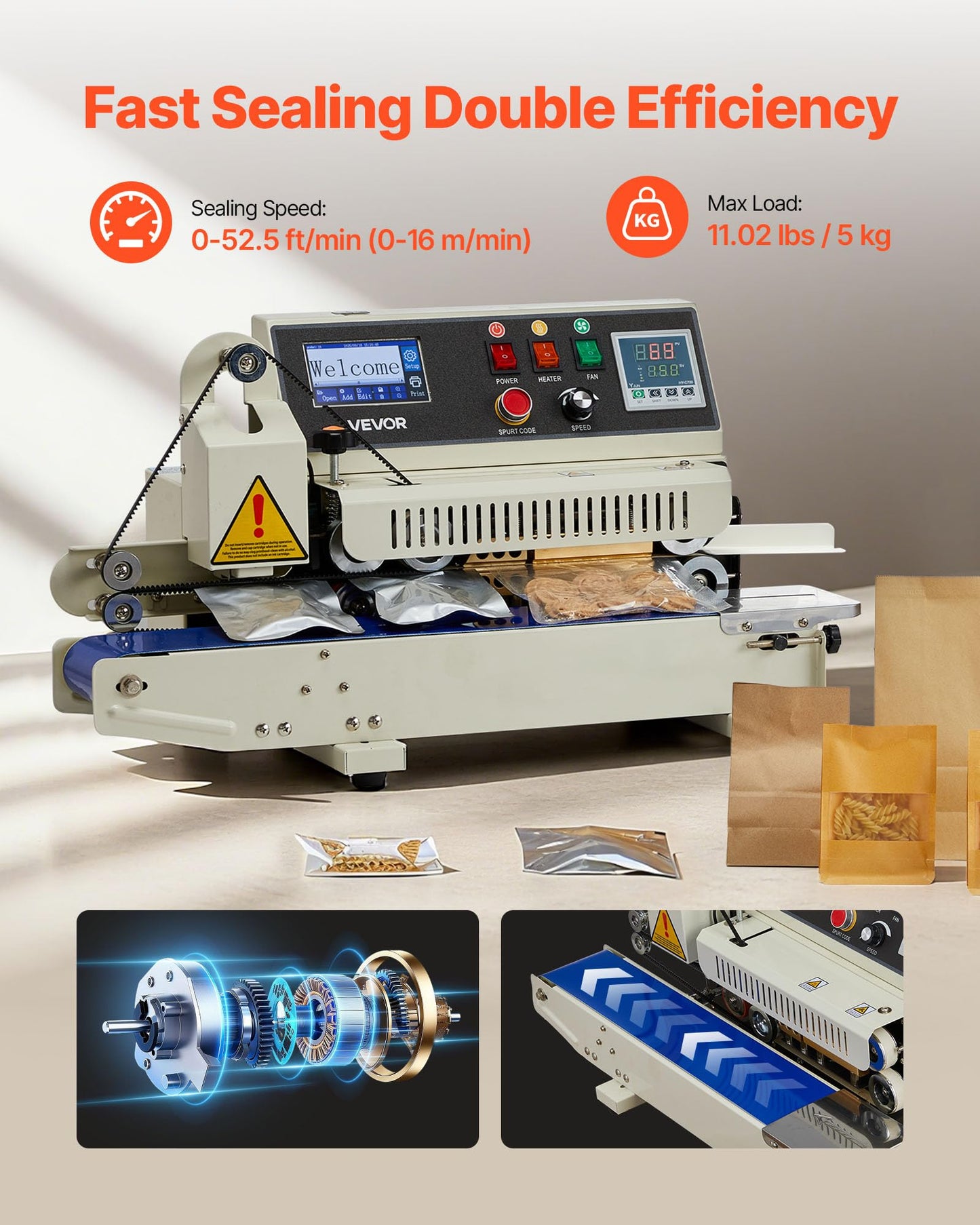 VEVOR Continuous Bag Band Sealing Machine, 0.24-0.47 in Seal Width, Horizontal Band Sealer Machine with Ink Printing, Temp & Speed Adjustable, Heat Sealing Machine for 0.001-0.03 in Plastic Bags