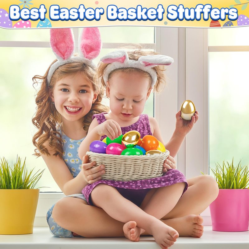 Jumlys 50 PCS 2.4" Plastic Easter Eggs, 42 PCS Empty Easter Eggs Bulk with 8 Golden Eggs, Fillable Eggs with Hinge, Perfect for Easter Hunt, Basket Stuffers Fillers and Easter Theme Party Favors
