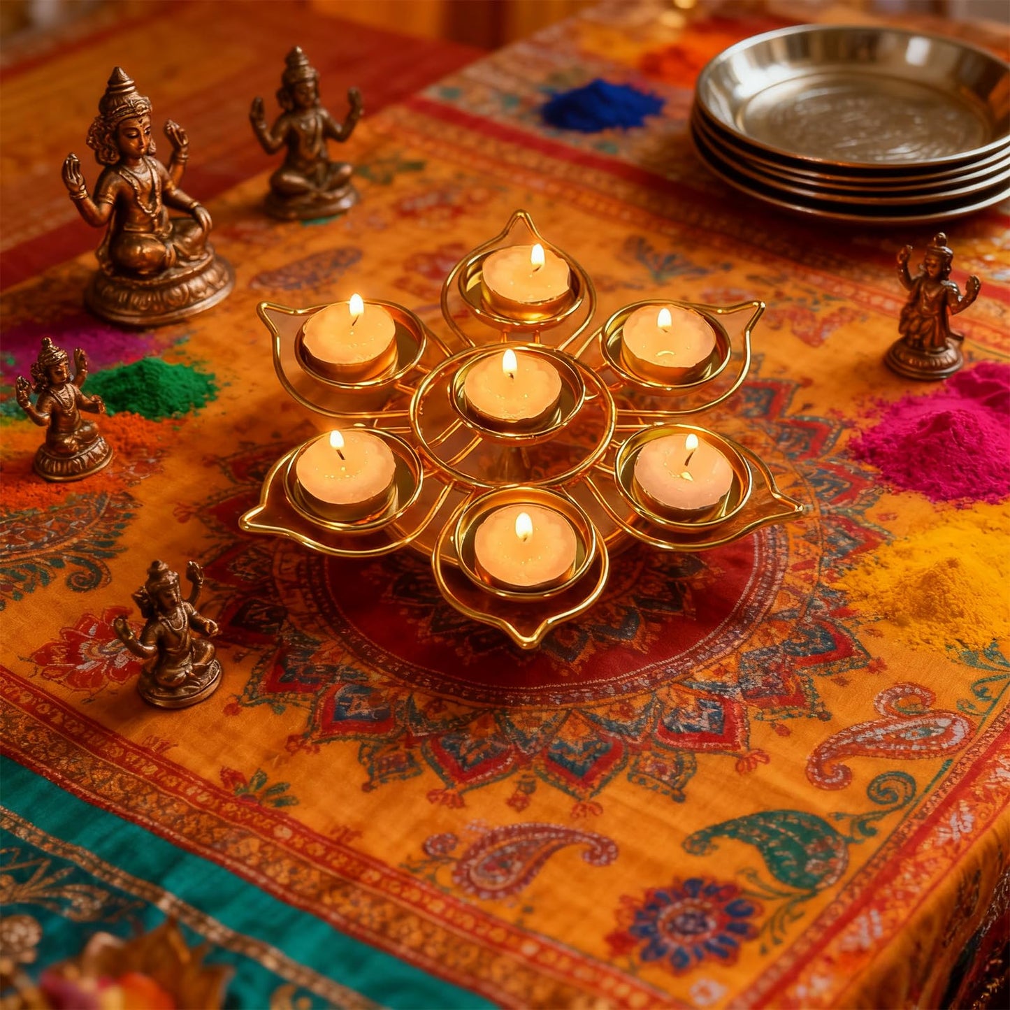 Lotus Tealight Votive Candle Holder, Diwali Decorations for Home, Reusable Metal Diwali Diya for Puja Wedding Navratri Housewarming Gifts Home Decor